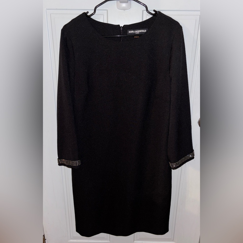 Karl Lagerfeld Paris Midi Black Dress with silver rhinestone Embellished Cuffs